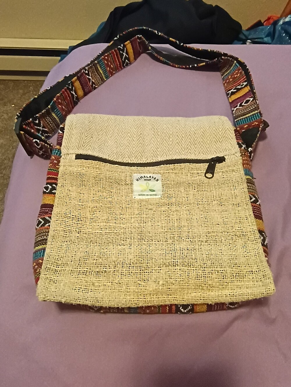 Himalayan Hemp Natural Jute Crossbody Bag with Patterned Strap